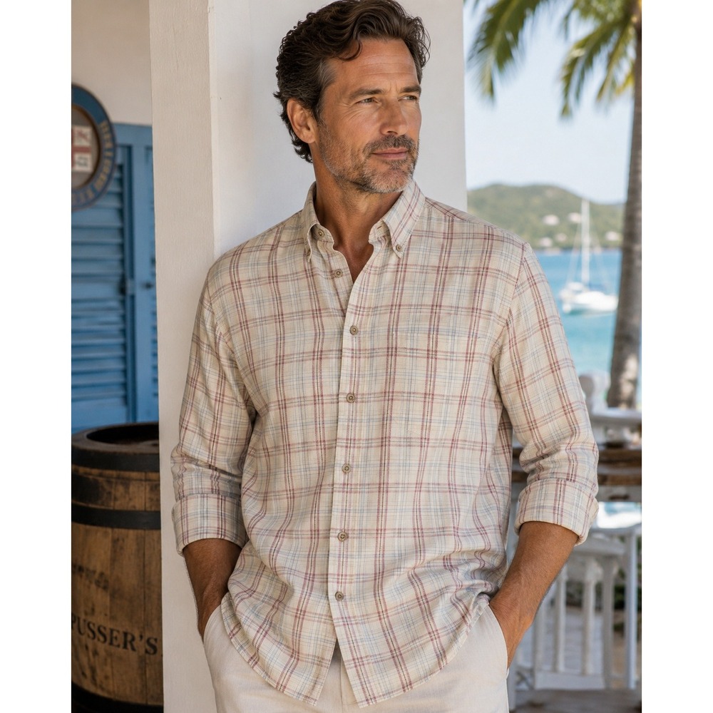 Pussers West Indies Mens Silk Cotton Plaid Button Down Shirt Cream Burgundy M